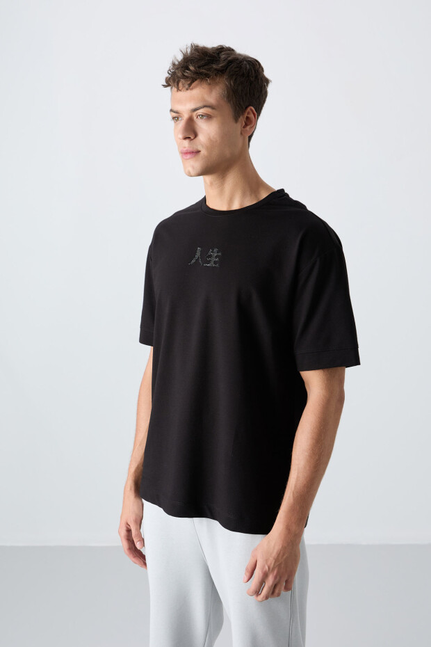 Siyah Pamuklu Kalın Yumuşak Dokulu Oversize Fit Baskılı Erkek T-Shirt - 88342 - 4