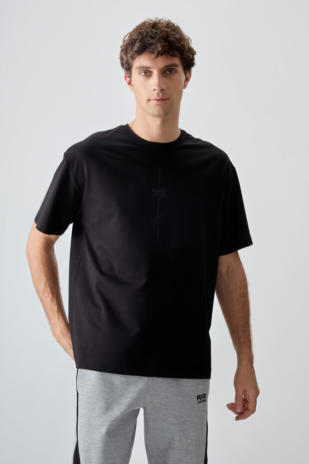 Siyah Pamuklu Kalın Yumuşak Dokulu Oversize Fit Baskılı Erkek T-Shirt - 88373 - 1