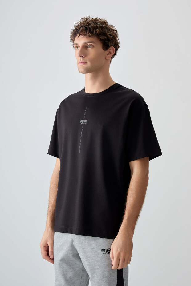 Siyah Pamuklu Kalın Yumuşak Dokulu Oversize Fit Baskılı Erkek T-Shirt - 88373 - 4