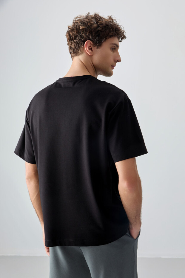 Siyah Pamuklu Kalın Yumuşak Dokulu Oversize Fit Baskılı Erkek T-Shirt - 88375 - 5