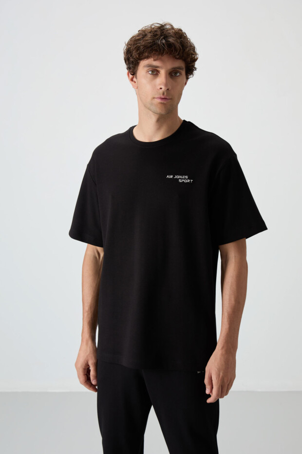 Siyah Pamuklu Kalın Yumuşak Dokulu Oversize Fit Nakışlı Erkek Eşofman Takım - 85252 - 2