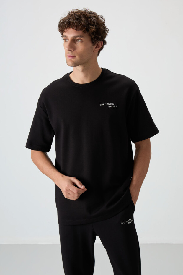 Siyah Pamuklu Kalın Yumuşak Dokulu Oversize Fit Nakışlı Erkek Eşofman Takım - 85252 - 5