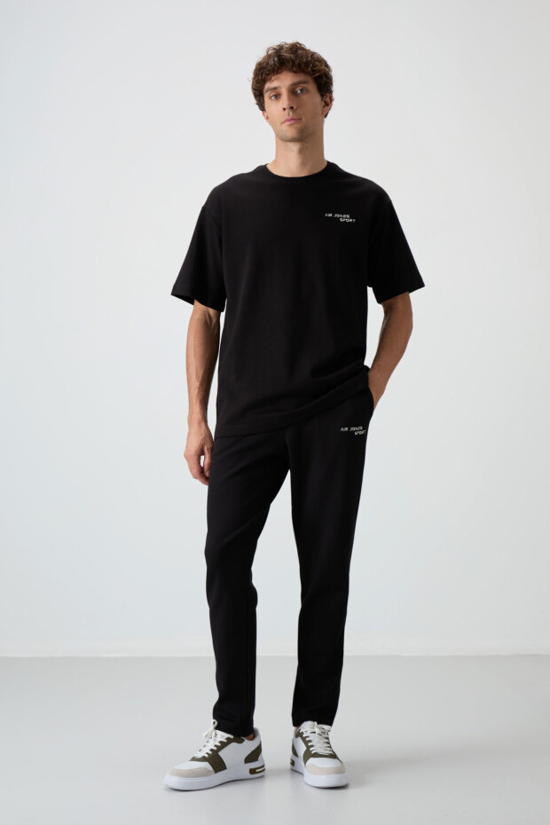 Siyah Pamuklu Kalın Yumuşak Dokulu Oversize Fit Nakışlı Erkek Eşofman Takım - 85252 - 3