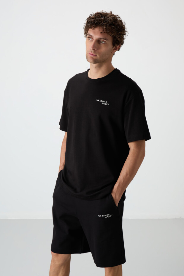 Siyah Pamuklu Kalın Yumuşak Dokulu Oversize Fit Nakışlı Erkek Şort Takım - 85250 - 2