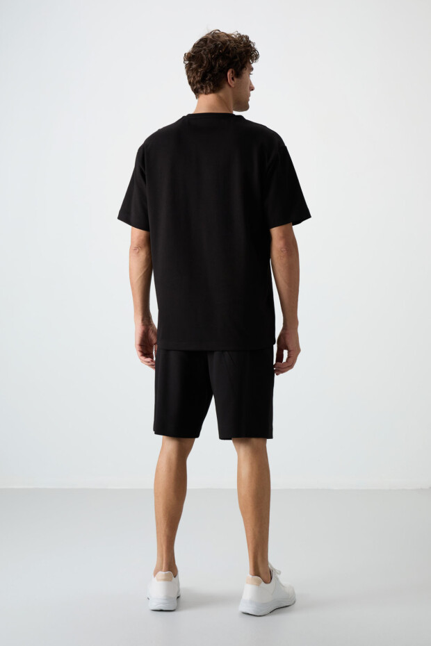 Siyah Pamuklu Kalın Yumuşak Dokulu Oversize Fit Nakışlı Erkek Şort Takım - 85250 - 8