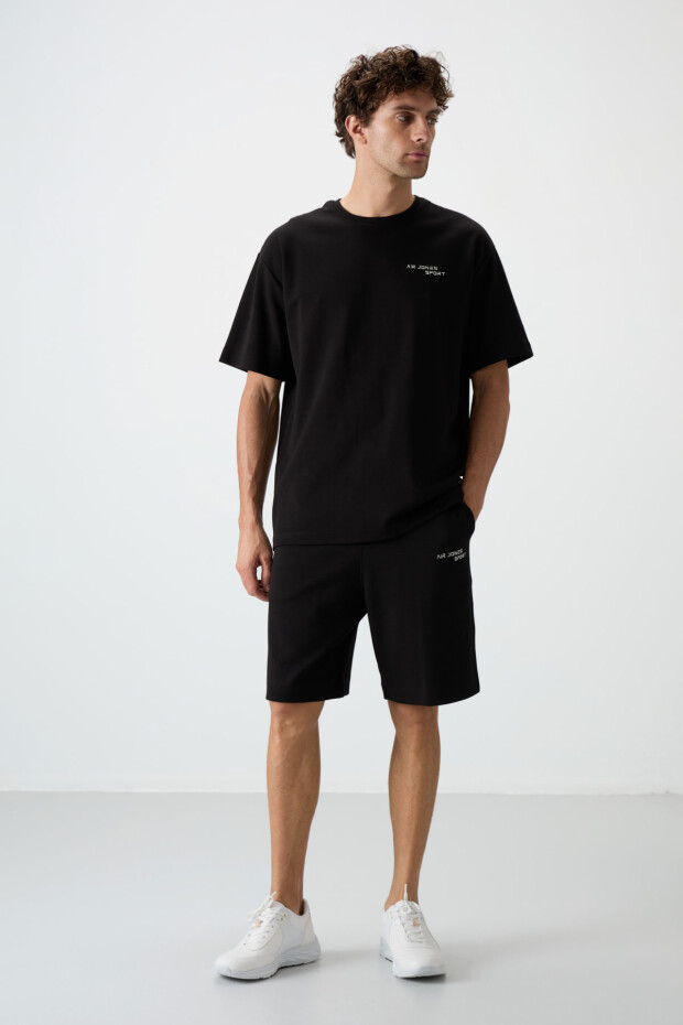 Siyah Pamuklu Kalın Yumuşak Dokulu Oversize Fit Nakışlı Erkek Şort Takım - 85250 - 3