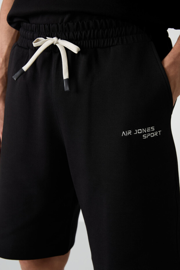 Siyah Pamuklu Kalın Yumuşak Dokulu Oversize Fit Nakışlı Erkek Şort Takım - 85250 - 4