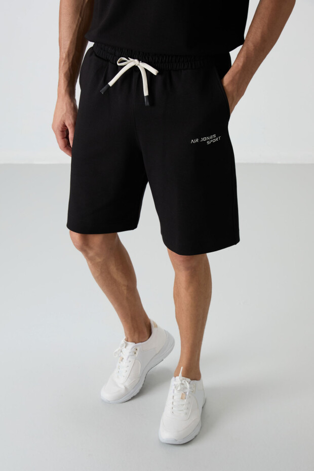 Siyah Pamuklu Kalın Yumuşak Dokulu Oversize Fit Nakışlı Erkek Şort Takım - 85250 - 6