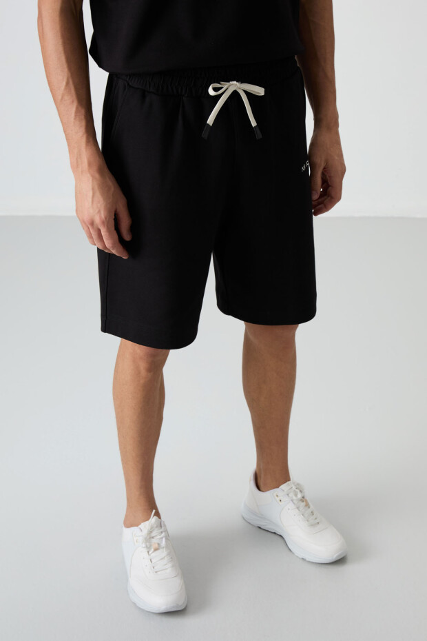Siyah Pamuklu Kalın Yumuşak Dokulu Oversize Fit Nakışlı Erkek Şort Takım - 85250 - 7