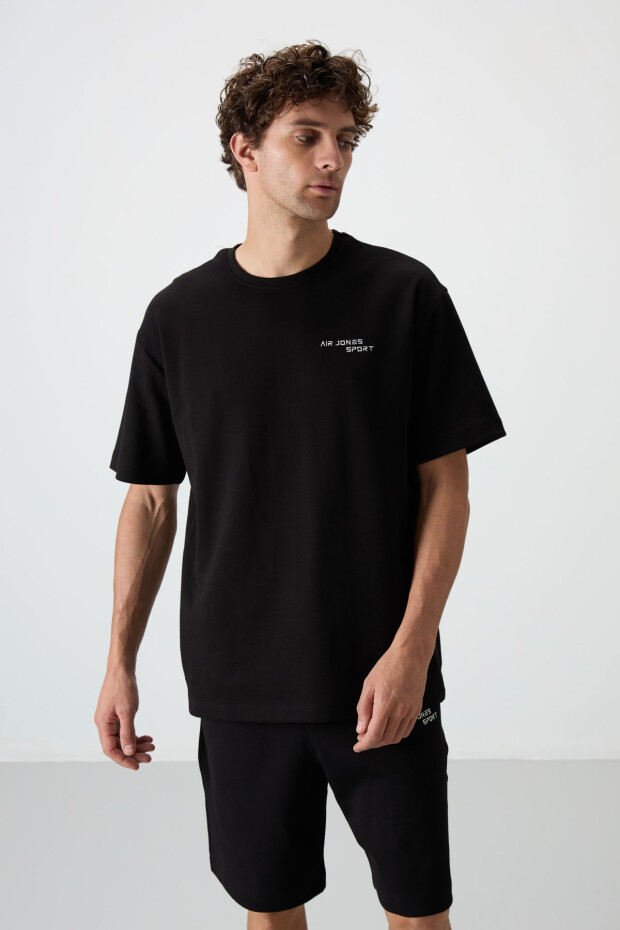 Siyah Pamuklu Kalın Yumuşak Dokulu Oversize Fit Nakışlı Erkek Şort Takım - 85250 - 5