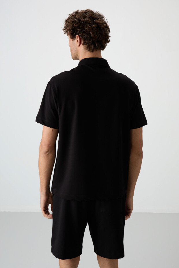 Siyah Pamuklu Kalın Yumuşak Dokulu Polo Yaka Oversize Fit Basic Erkek T- Shirt - 88381 - 5