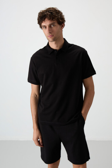 Siyah Pamuklu Kalın Yumuşak Dokulu Polo Yaka Oversize Fit Basic Erkek T- Shirt - 88381 