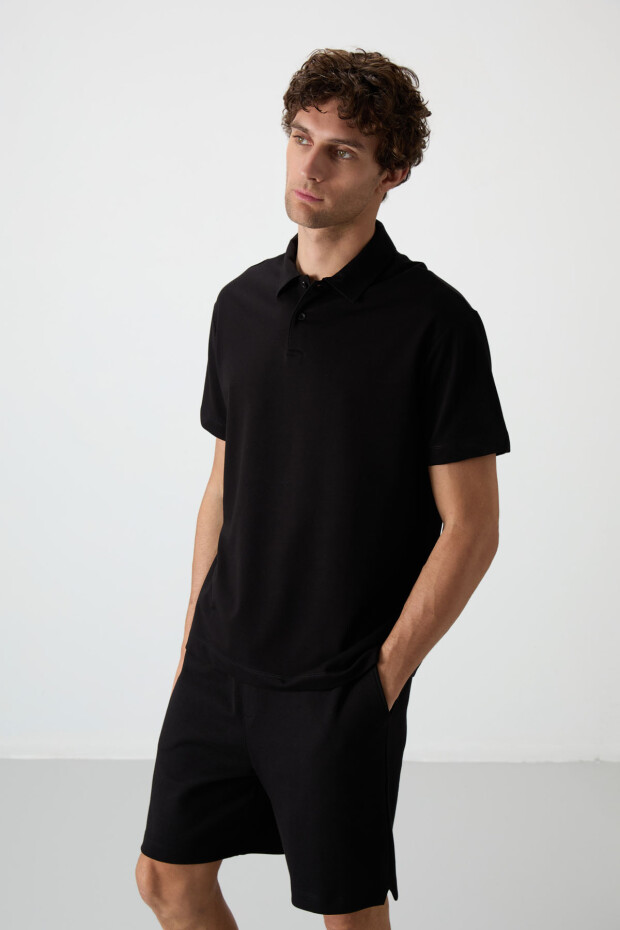 Siyah Pamuklu Kalın Yumuşak Dokulu Polo Yaka Oversize Fit Basic Erkek T- Shirt - 88381 - 4