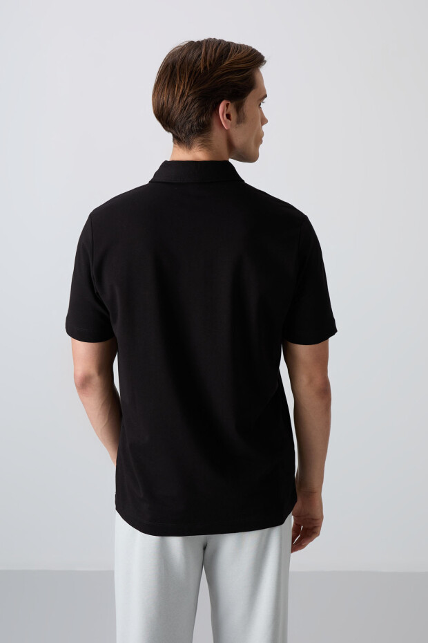 Siyah Pamuklu Kalın Yumuşak Dokulu Standart Fit Basic Polo Yaka Erkek T-Shirt - 88348 - 5