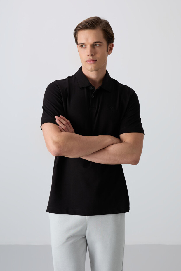Siyah Pamuklu Kalın Yumuşak Dokulu Standart Fit Basic Polo Yaka Erkek T-Shirt - 88348 - 1