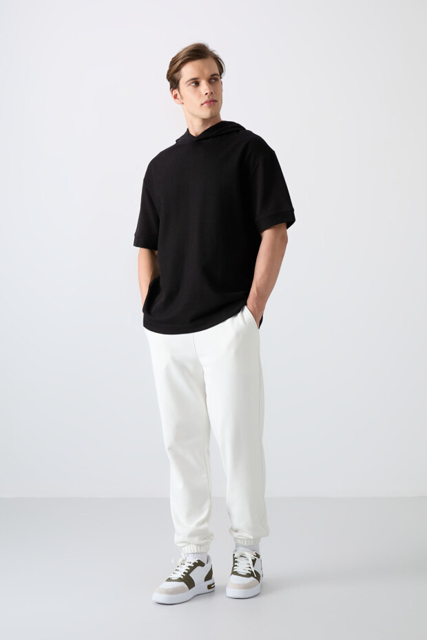 Siyah Pamuklu Kalın Yüzeyi Dokulu Oversize Fit Basic Erkek T-Shirt - 88335 - 2