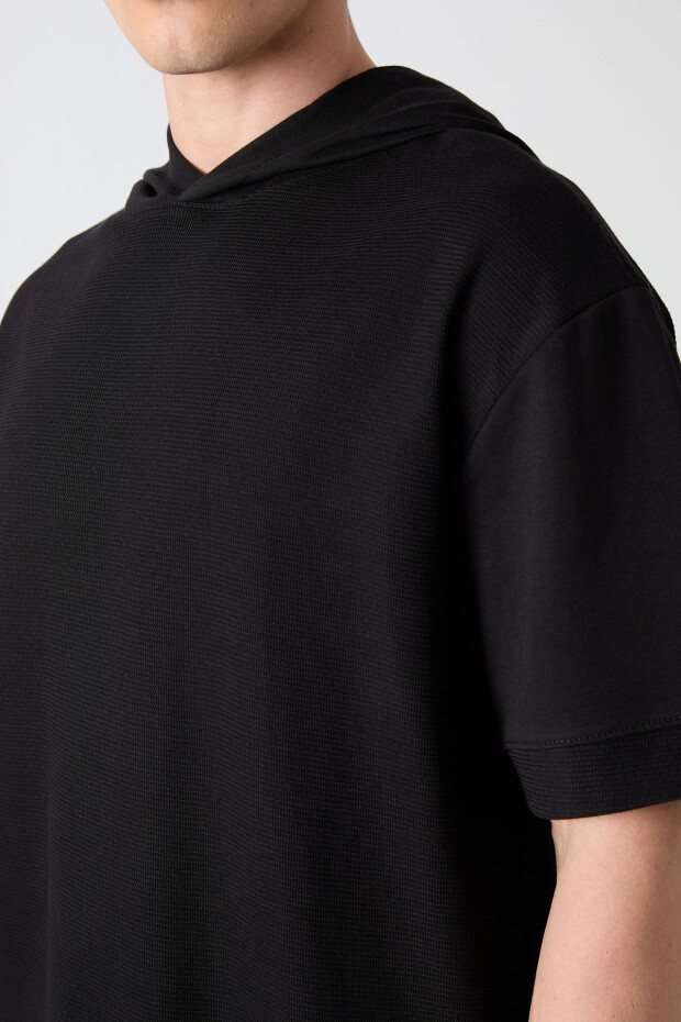 Siyah Pamuklu Kalın Yüzeyi Dokulu Oversize Fit Basic Erkek T-Shirt - 88335 - 3