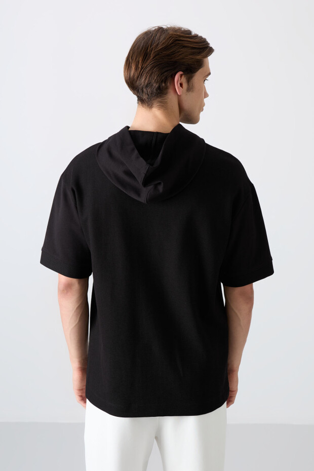 Siyah Pamuklu Kalın Yüzeyi Dokulu Oversize Fit Basic Erkek T-Shirt - 88335 - 6