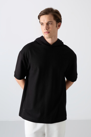 Siyah Pamuklu Kalın Yüzeyi Dokulu Oversize Fit Basic Erkek T-Shirt - 88335 