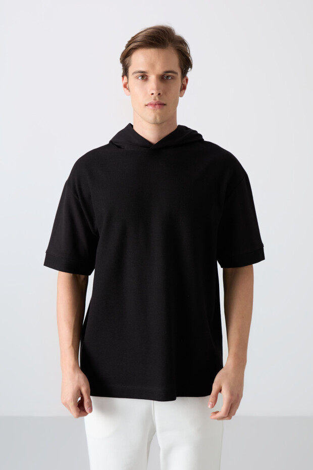 Siyah Pamuklu Kalın Yüzeyi Dokulu Oversize Fit Basic Erkek T-Shirt - 88335 - 4