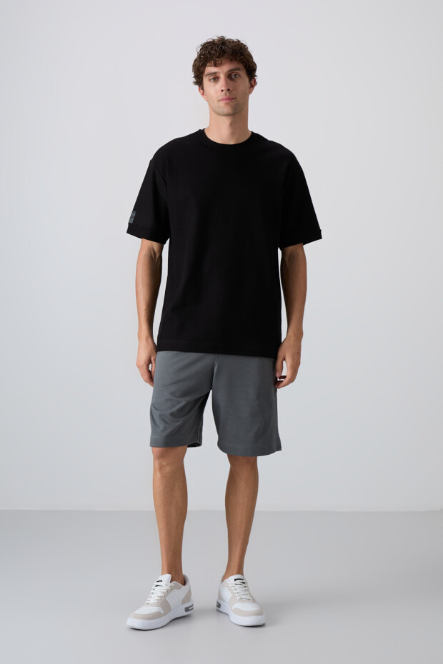Siyah Pamuklu Kalın Yüzeyi Dokulu Oversize Fit Basic Erkek T-Shirt - 88339 - 3