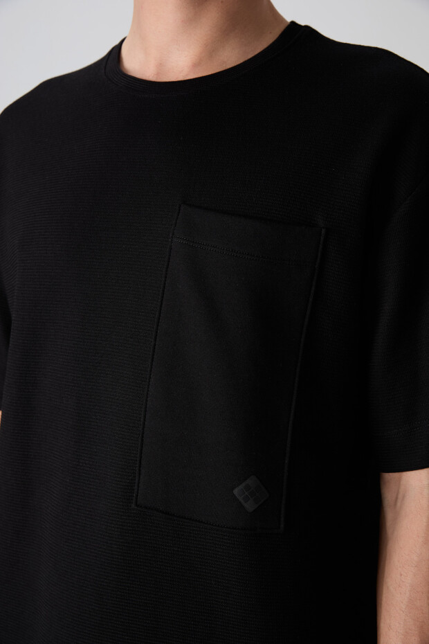 Siyah Pamuklu Kalın Yüzeyi Dokulu Oversize Fit Basic Erkek T-Shirt - 88341 - 3