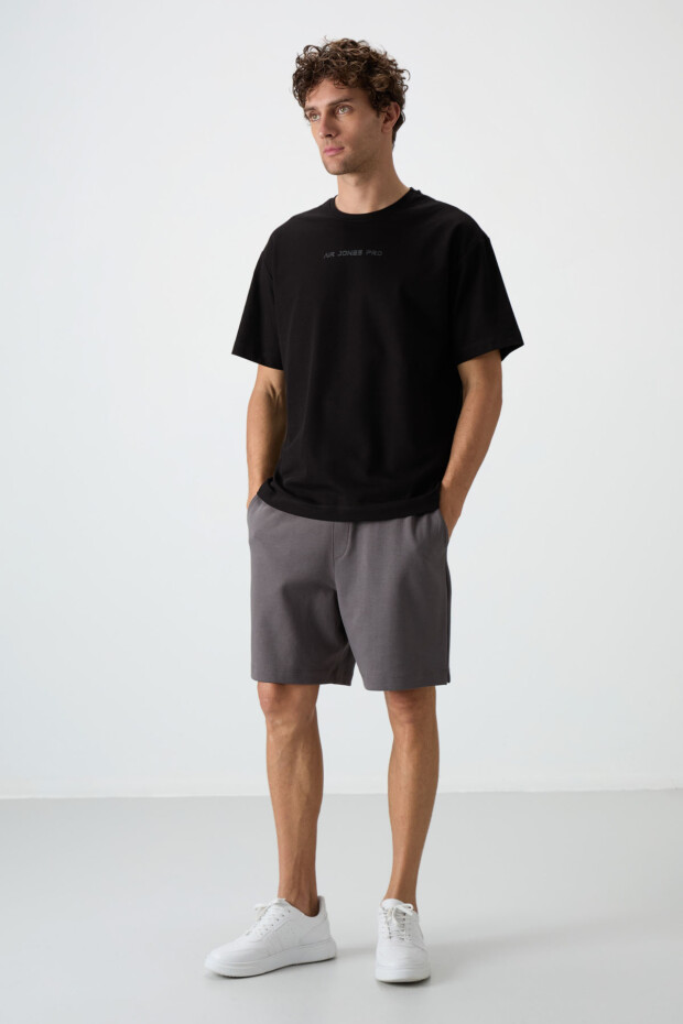 Siyah Pamuklu Kalın Yüzeyi Dokulu Oversize Fit Baskılı Erkek T-Shirt - 88364 - 3