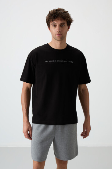 Siyah Pamuklu Kalın Yüzeyi Dokulu Oversize Fit Baskılı Erkek T-Shirt - 88371 