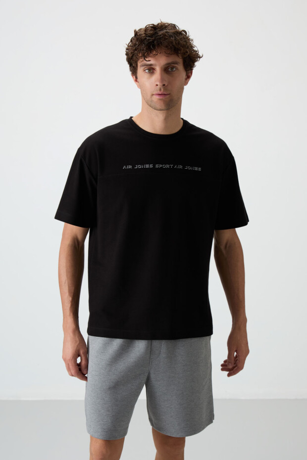 Siyah Pamuklu Kalın Yüzeyi Dokulu Oversize Fit Baskılı Erkek T-Shirt - 88371 - 1