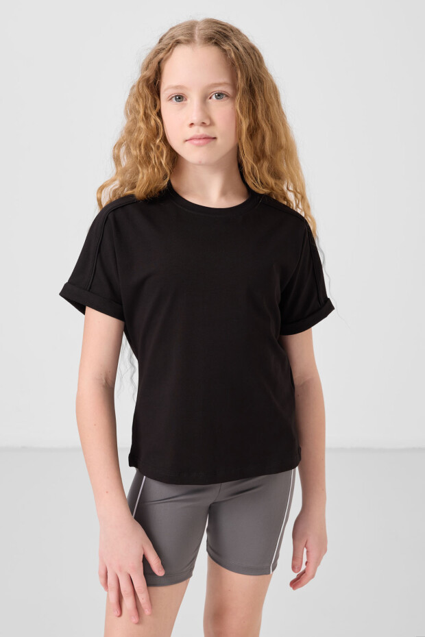 Siyah Pamuklu O Yaka Standart Kalıp Basic Kız Çocuk T-Shirt - 75182 - 3