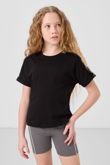 Siyah Pamuklu O Yaka Oversize Fit Basic Kız Çocuk T-Shirt - 75182 