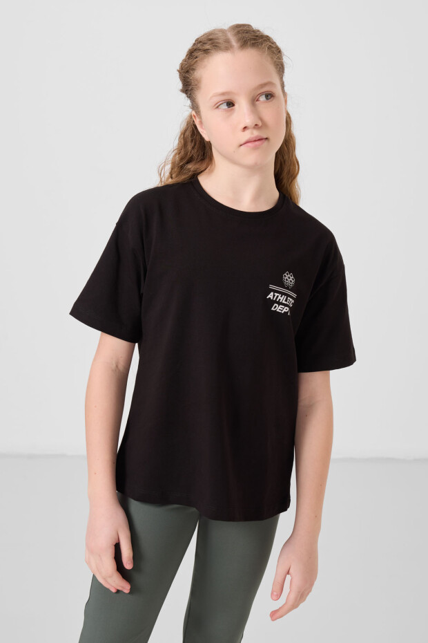 Siyah Pamuklu O Yaka Rahat Form Fit Baskılı Kız Çocuk T-Shirt - 75178 - 3