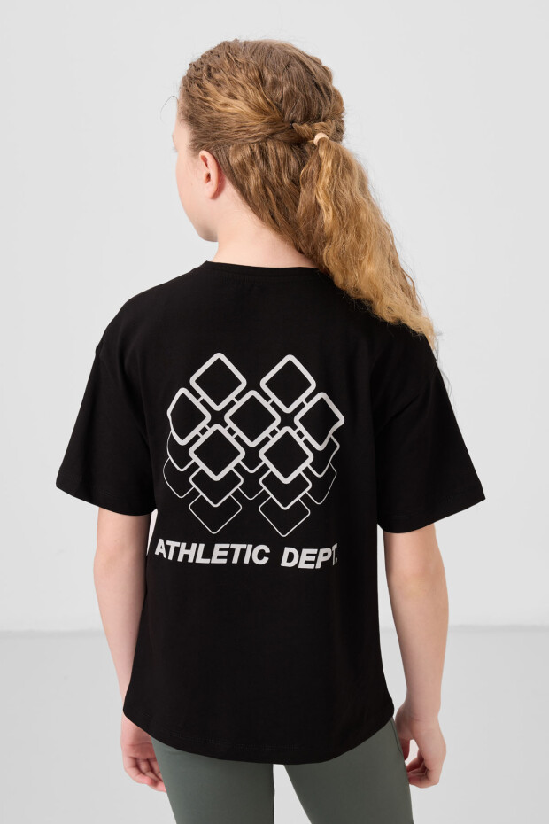 Siyah Pamuklu O Yaka Rahat Form Fit Baskılı Kız Çocuk T-Shirt - 75178 - 5