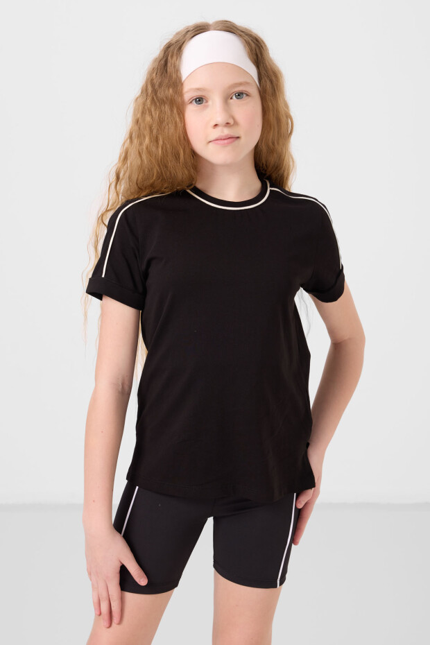 Siyah Pamuklu O Yaka Standart Fit Basic Kız Çocuk T-Shirt - 75177 - 1