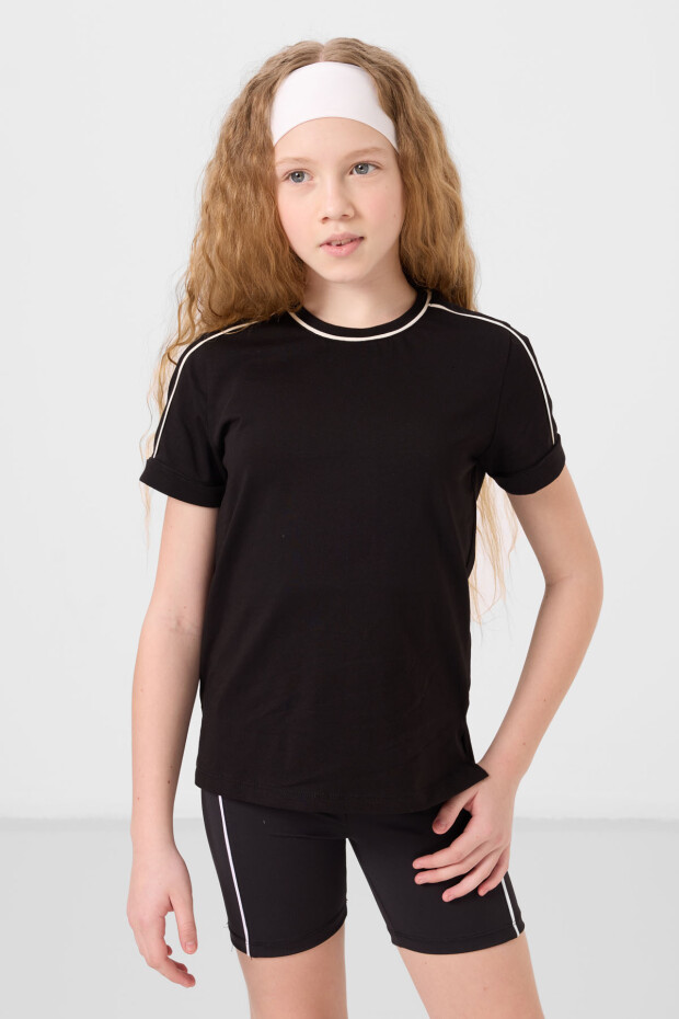 Siyah Pamuklu O Yaka Standart Fit Basic Kız Çocuk T-Shirt - 75177 - 4