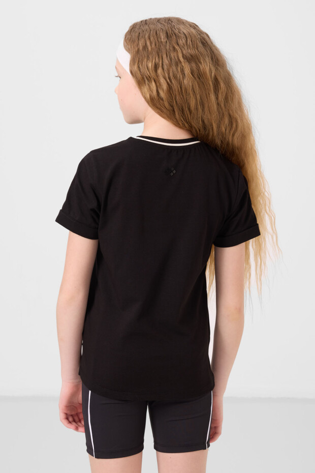Siyah Pamuklu O Yaka Standart Fit Basic Kız Çocuk T-Shirt - 75177 - 5