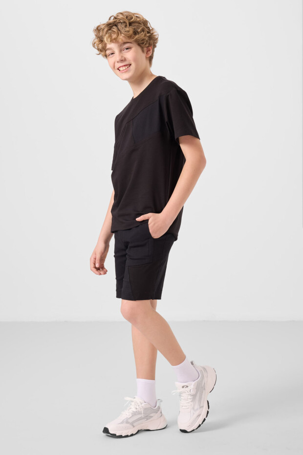 Siyah Pamuklu Oversize Fit Dokuma Hafif Esnek Chino Erkek Çocuk Şort Takım - 11275 - 4