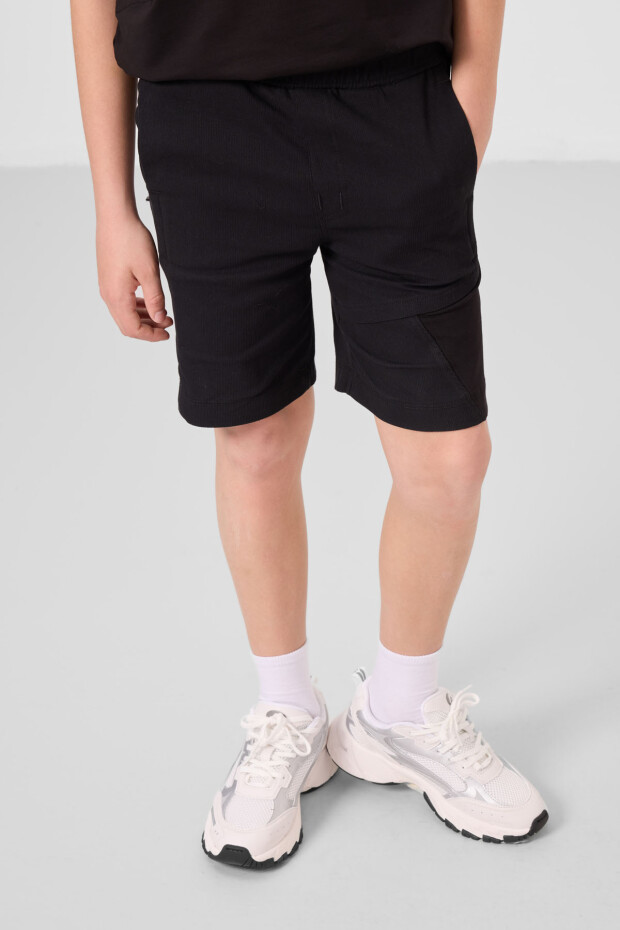 Siyah Pamuklu Oversize Fit Dokuma Hafif Esnek Chino Erkek Çocuk Şort Takım - 11275 - 6