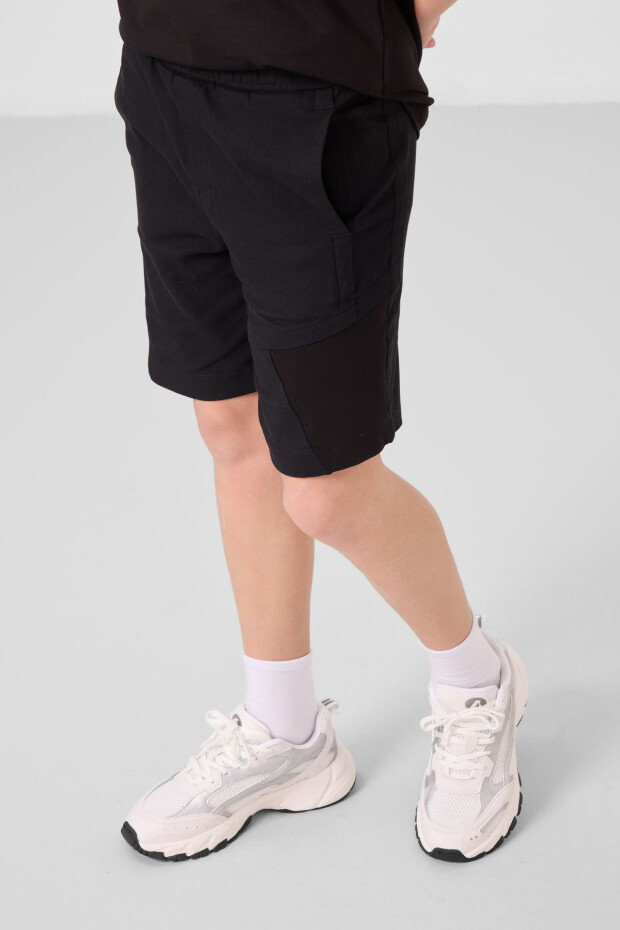 Siyah Pamuklu Oversize Fit Dokuma Hafif Esnek Chino Erkek Çocuk Şort Takım - 11275 - 3