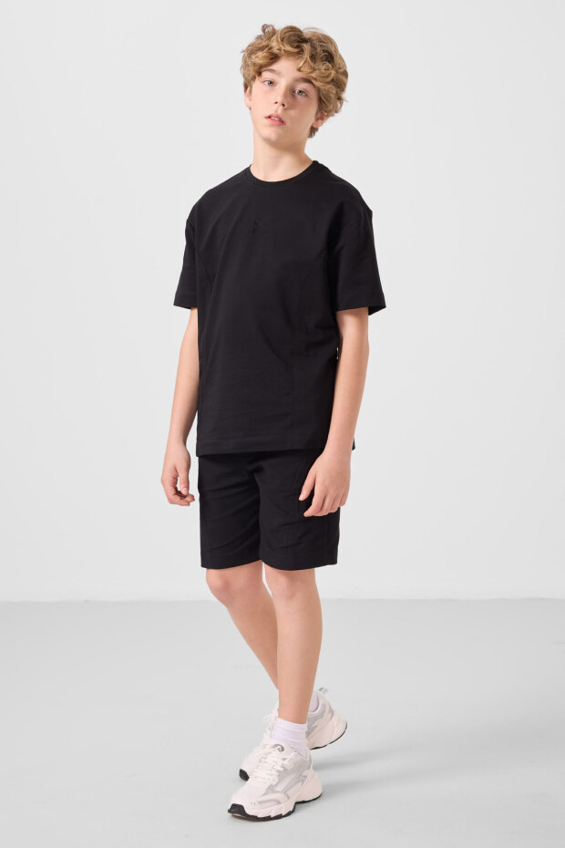 Siyah Pamuklu Oversize Fit Dokuma Hafif Esnek Chino Erkek Çocuk Şort Takım - 11276 - 1