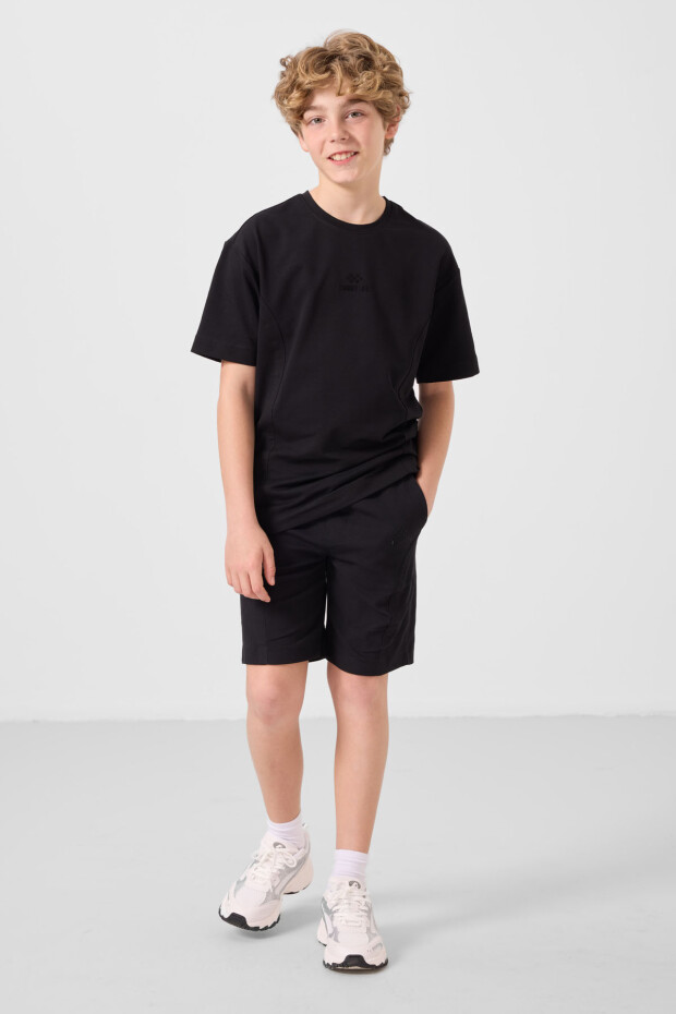 Siyah Pamuklu Oversize Fit Dokuma Hafif Esnek Chino Erkek Çocuk Şort Takım - 11276 - 2