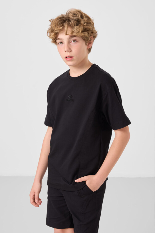 Siyah Pamuklu Oversize Fit Dokuma Hafif Esnek Chino Erkek Çocuk Şort Takım - 11276 - 5