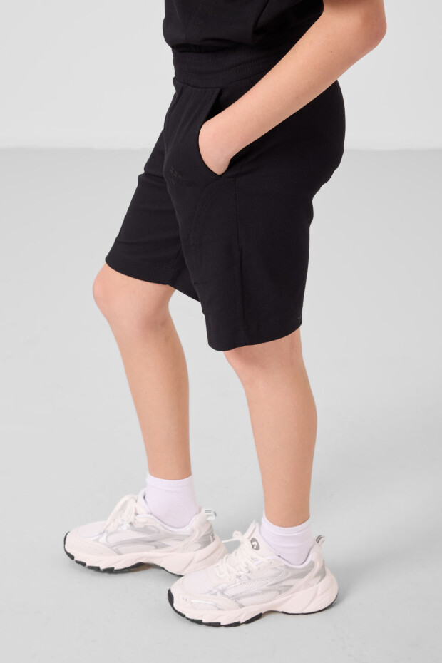 Siyah Pamuklu Oversize Fit Dokuma Hafif Esnek Chino Erkek Çocuk Şort Takım - 11276 - 4