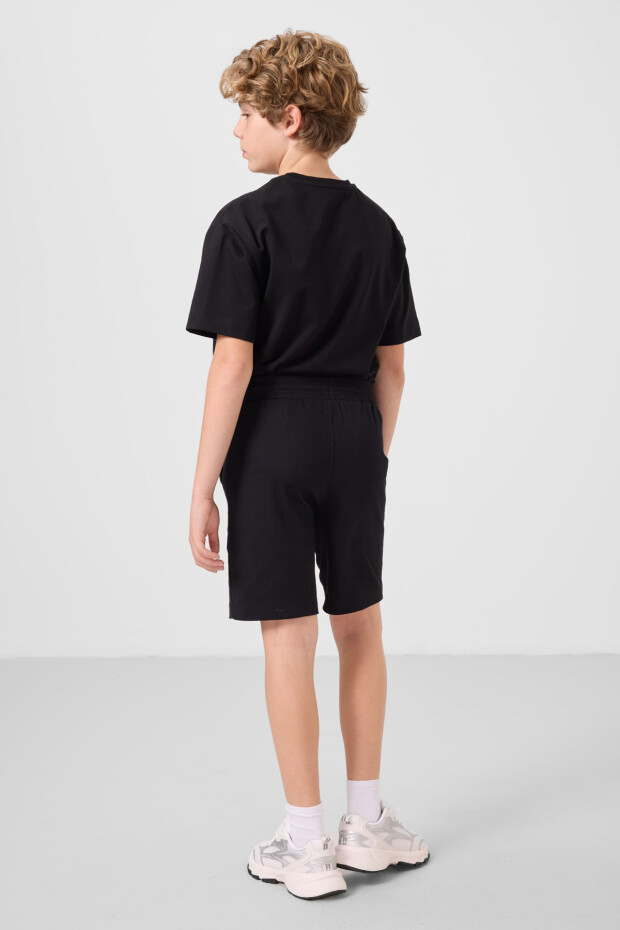 Siyah Pamuklu Oversize Fit Dokuma Hafif Esnek Chino Erkek Çocuk Şort Takım - 11276 - 7