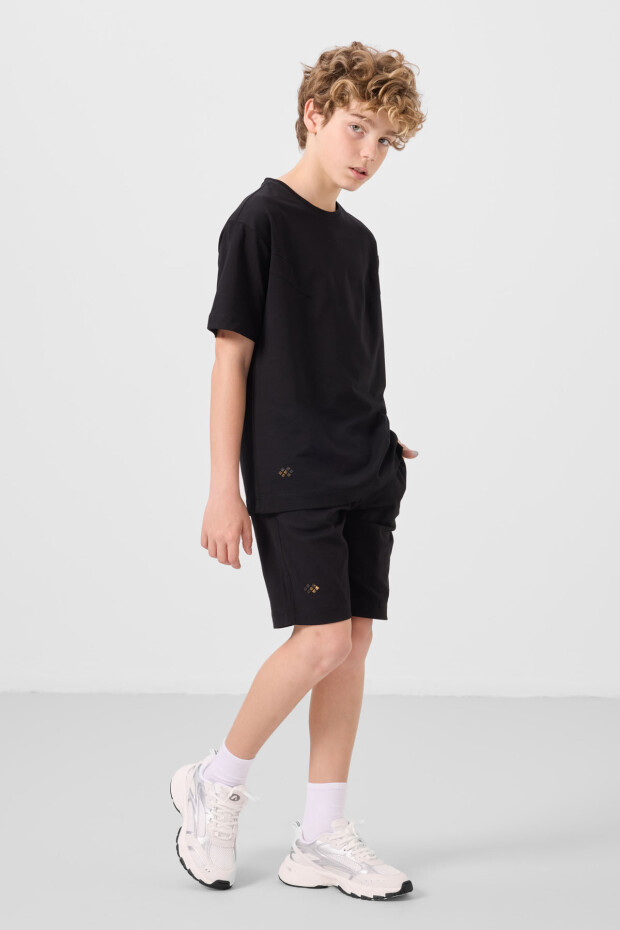 Siyah Pamuklu Oversize Fit Dokuma Hafif Esnek Chino Erkek Çocuk Şort Takım - 11277 - 3