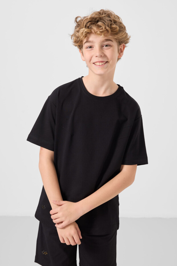 Siyah Pamuklu Oversize Fit Dokuma Hafif Esnek Chino Erkek Çocuk Şort Takım - 11277 - 5