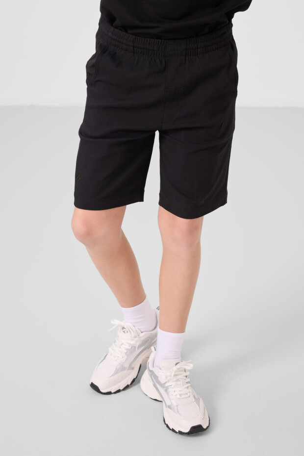 Siyah Pamuklu Oversize Fit Dokuma Hafif Esnek Chino Erkek Çocuk Şort Takım - 11277 - 2
