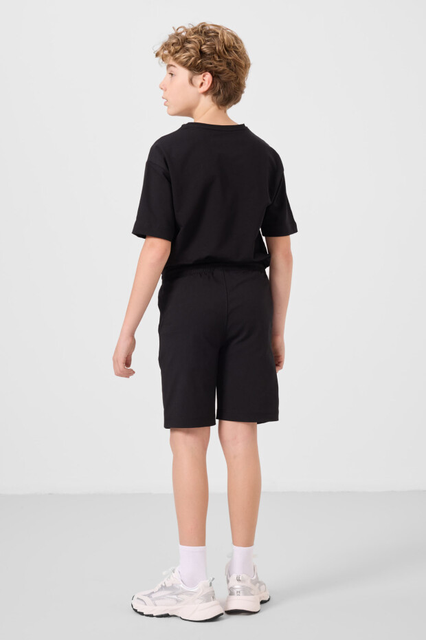 Siyah Pamuklu Oversize Fit Dokuma Hafif Esnek Chino Erkek Çocuk Şort Takım - 11277 - 7