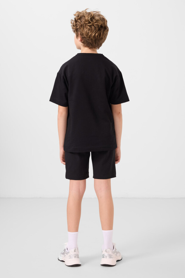 Siyah Pamuklu Oversize Fit Dokuma Hafif Esnek Chino Erkek Çocuk Şort Takım - 11278 - 7