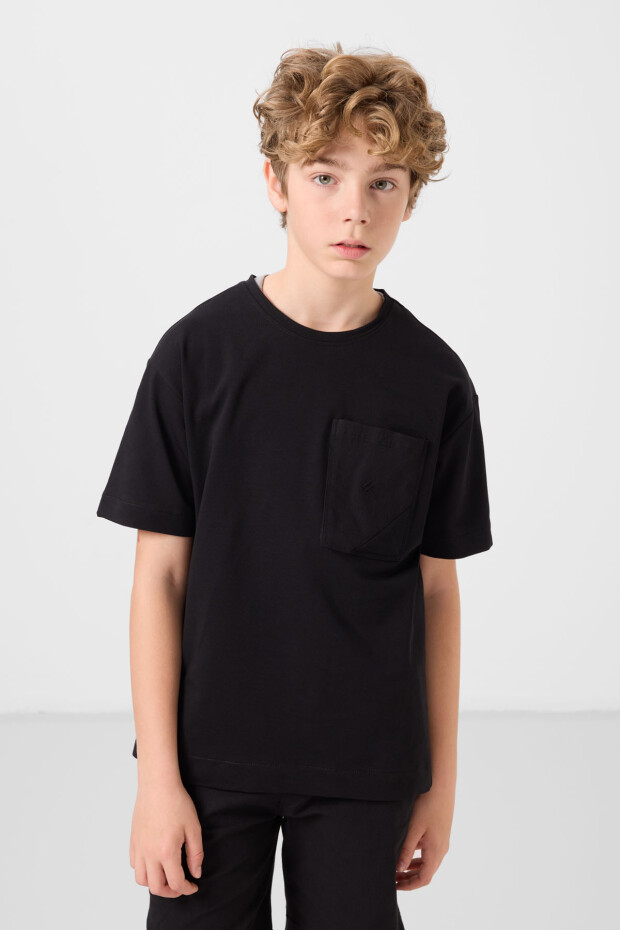 Siyah Pamuklu Oversize Fit Dokuma Hafif Esnek Chino Erkek Çocuk Şort Takım - 11278 - 3